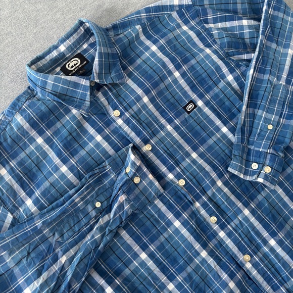 Ecko Unltd Other - Ecko Unltd Mens Blue Plaid Long Sleeve Button Down Shirt Size Large Rhino Logo
